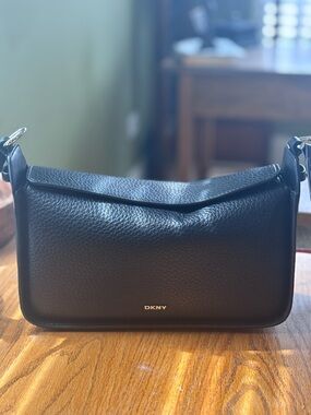 DKNY Black Pebbled Leather Shoulder Bag with silver accents magnetic closure